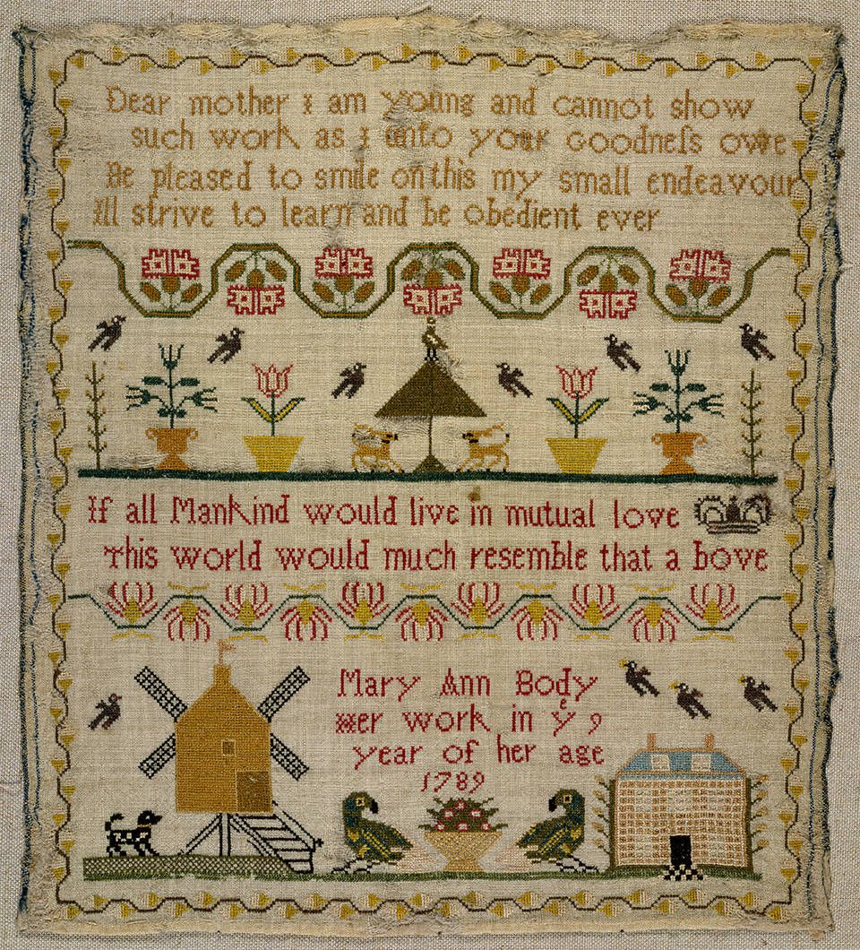 Sampler, Mary Ann Body, 1789, England. Museum no. T.292-1916. © Victoria and Albert Museum, London. Given by Frances M. Beach 